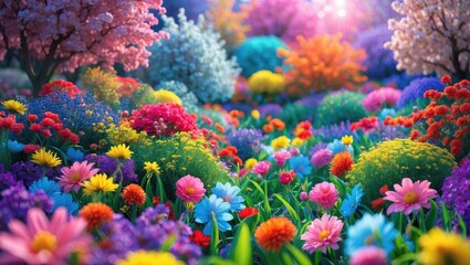 Vibrant Spring Floral Landscape with Colorful Blossoms in Blooming Garden Setting