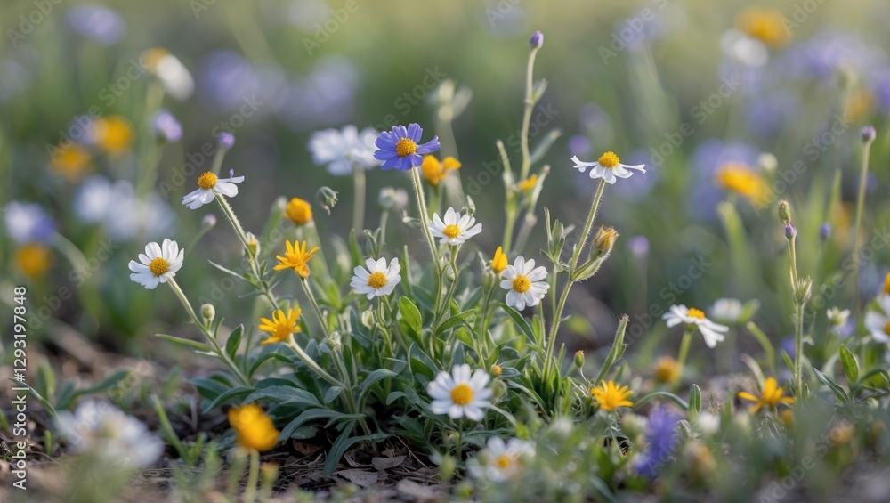 Poster vibrant wildflowers blooming in a sunny field with soft background and ample space for text or desig