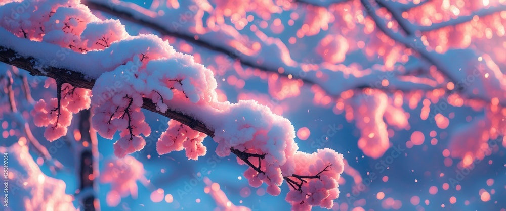 Poster snow-covered tree branch with soft pastel hues and sparkling light effects creating a serene winter 