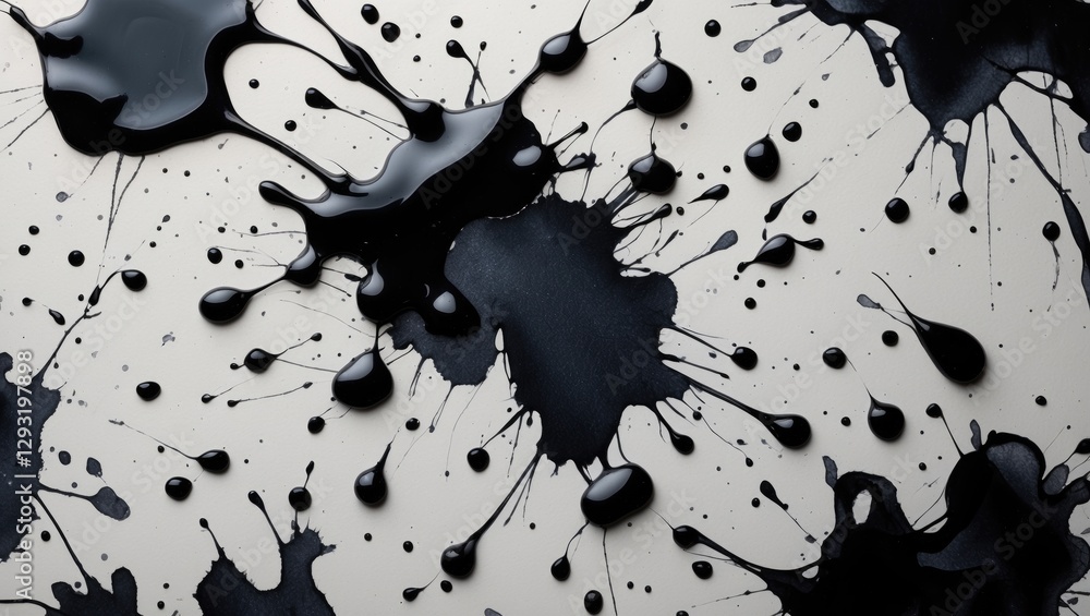 Poster black ink splashes and stains on textured paper creating an abstract background with dynamic shapes 