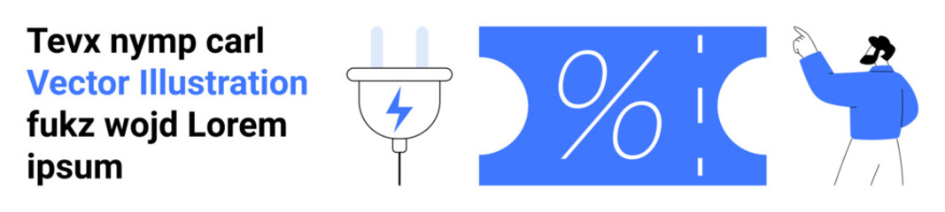 Man pointing at a coupon with a percentage sign near an electric plug. Ideal for discounts, savings, energy efficiency, eco-awareness, finance, retail marketing, tech services. Abstract line flat