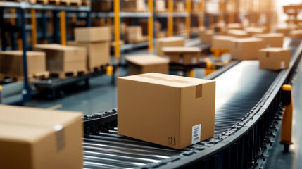 A conveyor belt carries packages through a warehouse, showcasing an organized logistics environment with boxes ready for distribution.
