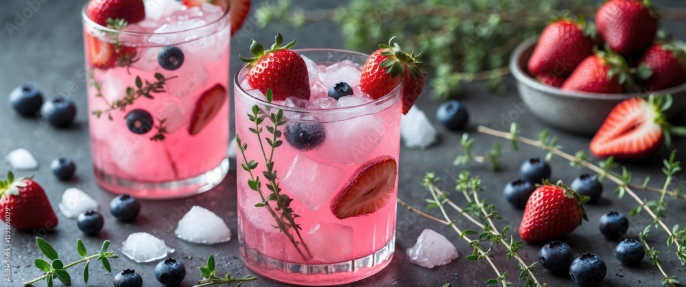 Poster refreshing pink lemonade with fresh berries and thyme garnish perfect for summer enjoyment with ice 