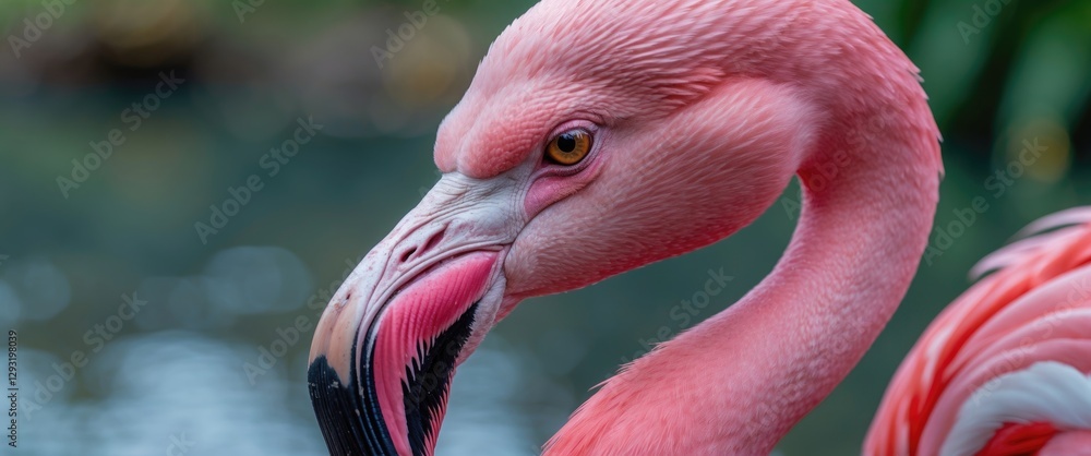 Poster close-up portrait of a pink flamingo with pond background capturing vibrant feathers and intense exp