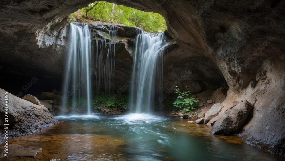 Poster enchanting dual waterfalls cascading in a serene cave setting surrounded by lush greenery and tranqu