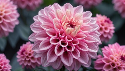 Fototapeta premium Vibrant Pink Dahlia Blossom with Layered Petals Surrounded by Green Foliage in Soft Natural Light