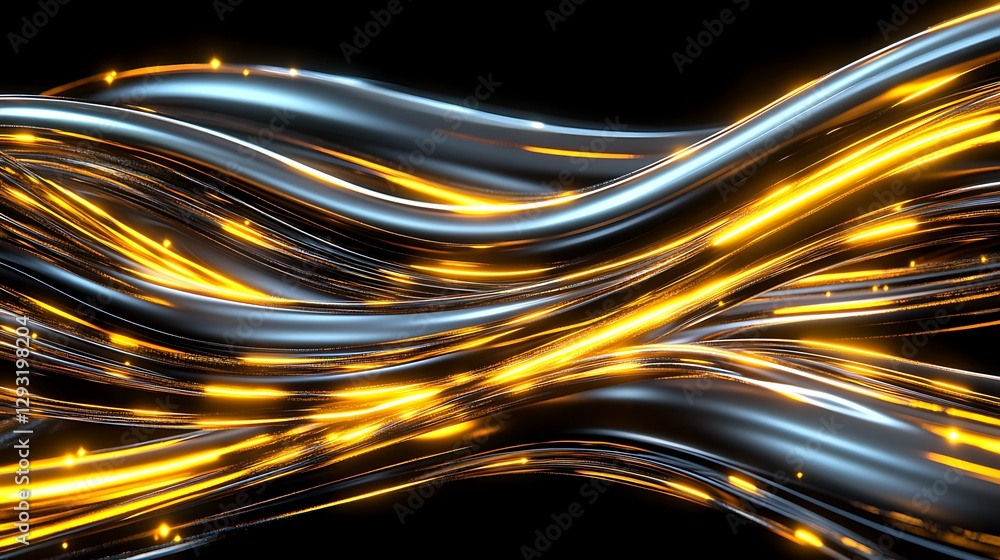 Poster shiny silver and golden wavy lines creating an abstract flowing light effect on a dark background
