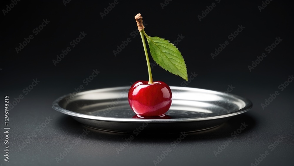 Poster sour cherry with leaf displayed on a silver plate contrasting against a dark background in a minimal