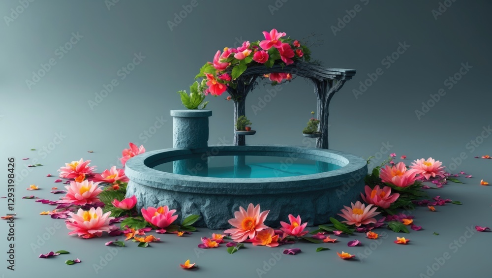 Poster tranquil spa setting with flowers and a stone well under a serene gray background creating a peacefu