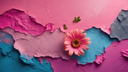 Vibrant pink and blue textured background featuring a flower and foliage for creative design projects and artistic visuals.