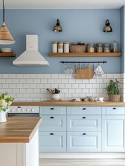 Modern kitchen with wooden accents featuring blue cabinetry and appliances
