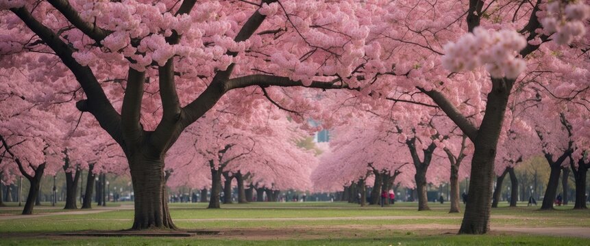 Blossoming Cherry Tree Pathway in Spring Park with Vibrant Pink Flowers and Ample Blank Space for Text Overlay