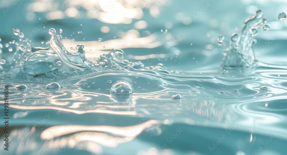 Poster rippling water surface with splashes and bubbles reflecting light, creating a serene and tranquil un