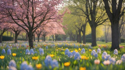 Blossoming Spring Landscape with Vibrant Flowers and Trees Surrounded by Lush Greenery and Soft Light Ideal for Text Placement