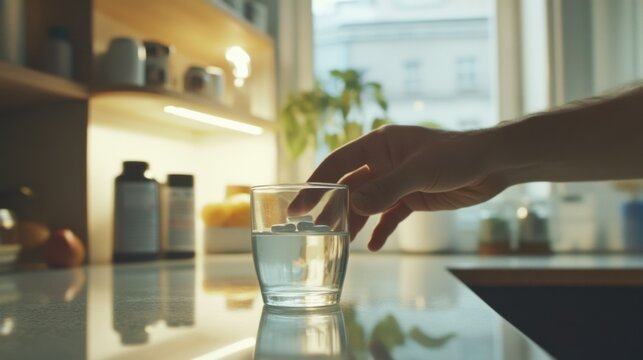 A person taking an obesity drug in a well-lit kitchen. Featuring health and convenience