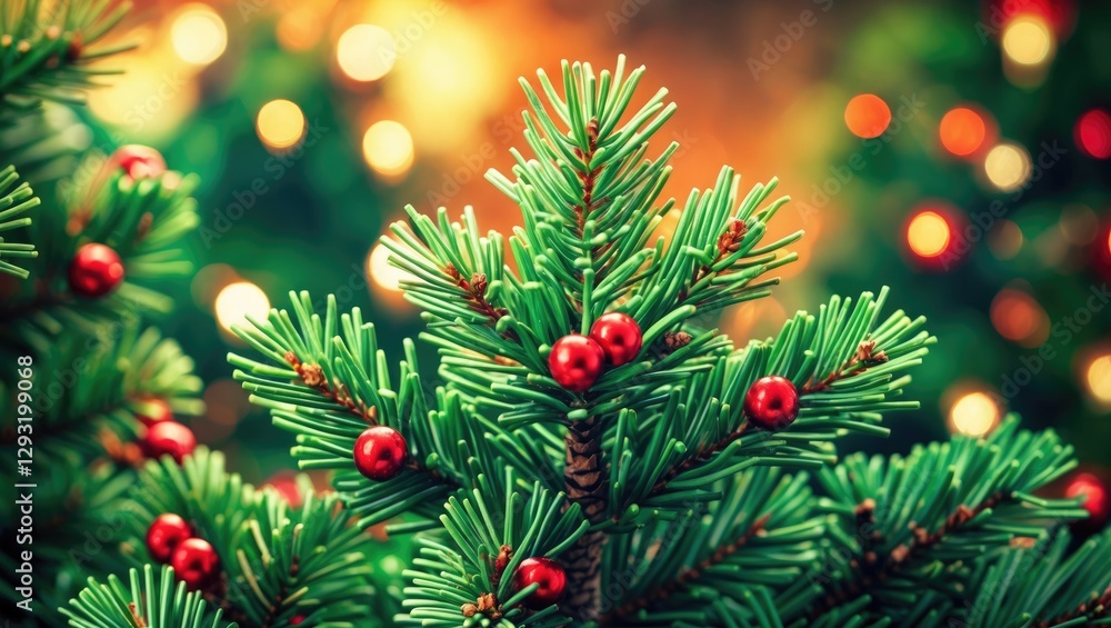Aufkleber close-up of pine tree with red berries creating a festive background ideal for christmas and new yea