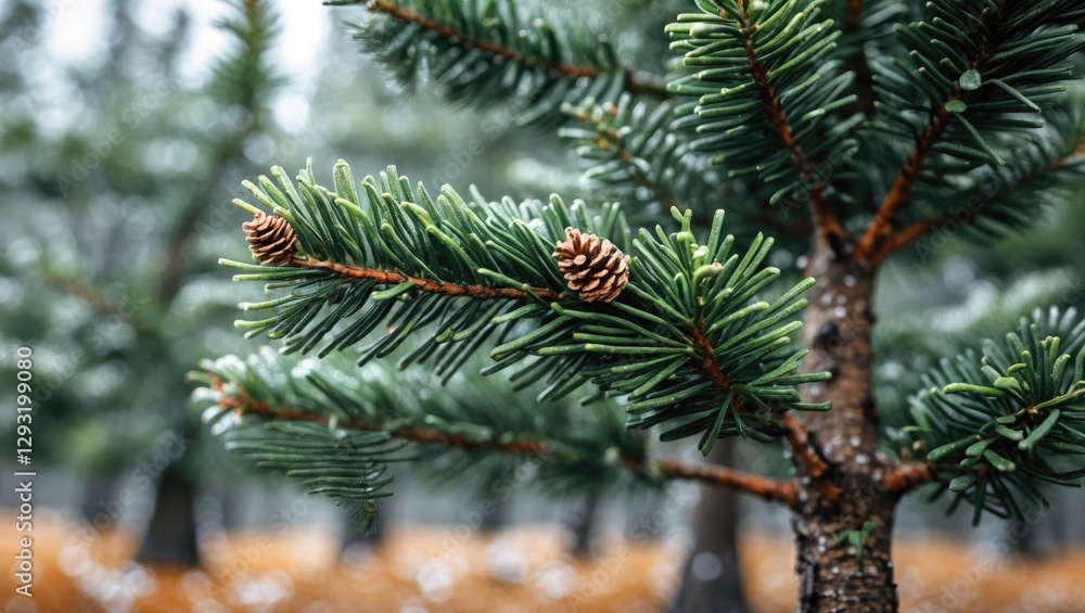 Poster pine tree branch with cones in natural forest setting with dewdrops on needles and blurred backgroun