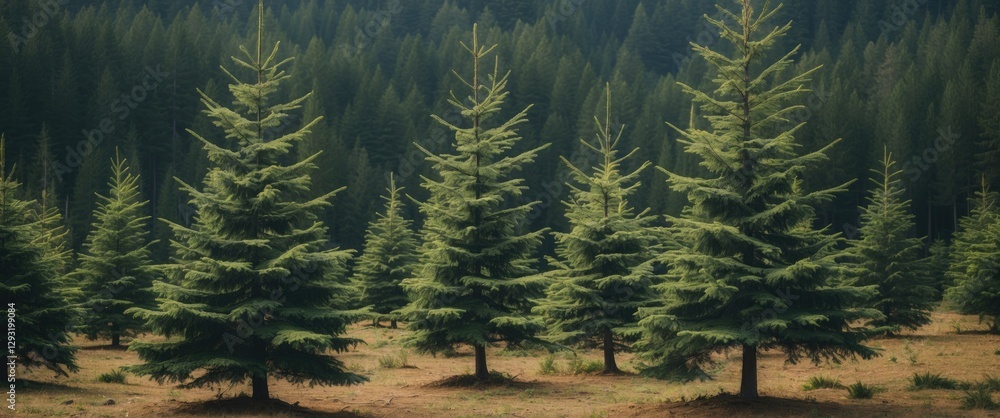 Aufkleber lush pine trees standing tall in a serene forest landscape with ample space for text overlay and nat