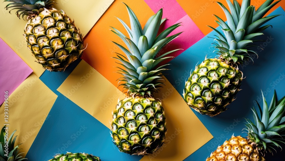 Poster pineapples arranged on vibrant colored paper background top view in a fresh and colorful composition
