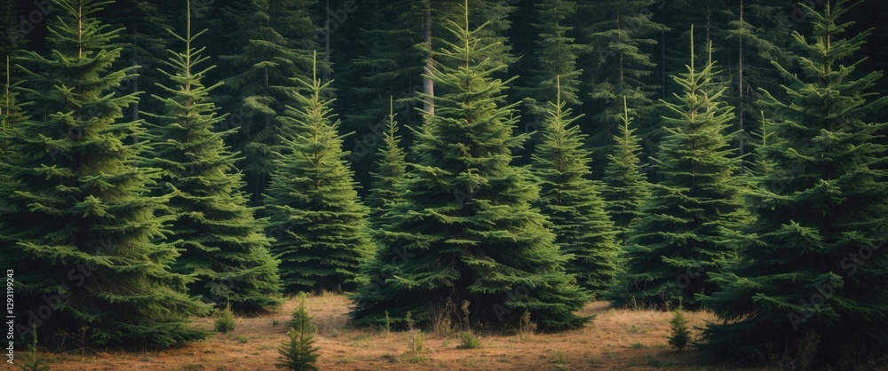 Poster lush pine forest landscape with dense greenery and open space for text overlay in a natural setting