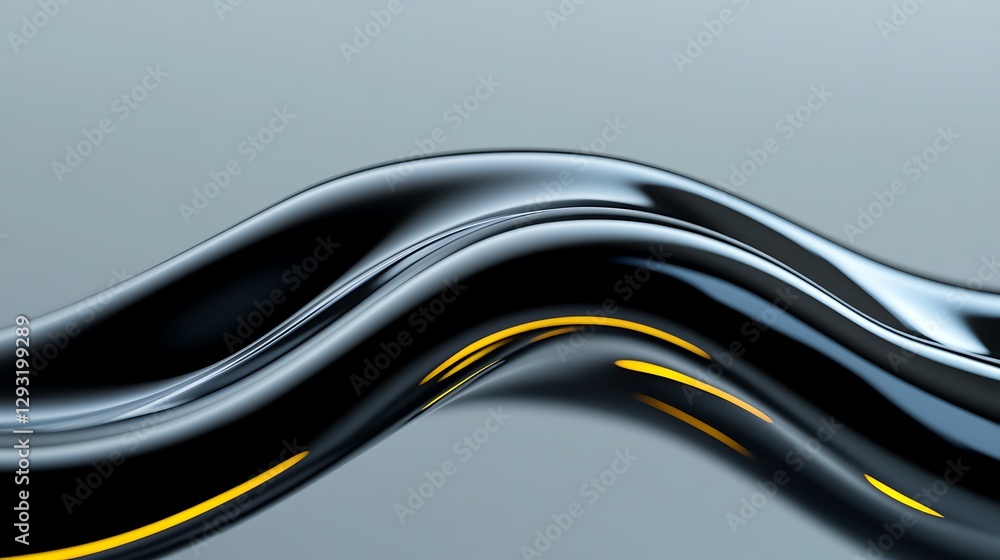 Poster smooth abstract waves with glossy black surface and bright orange lines creating a modern artistic d