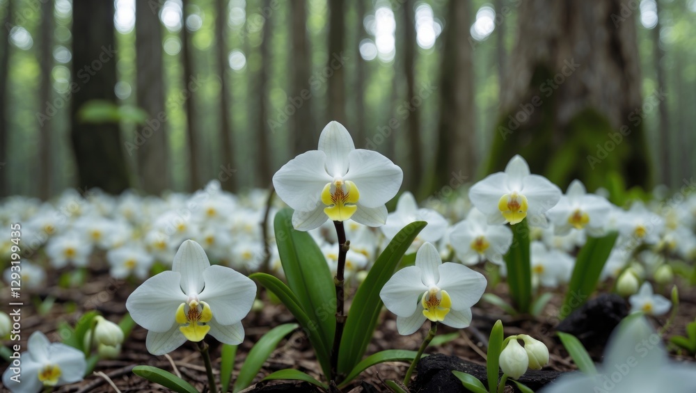 Aufkleber delicate white orchids blooming in a serene forest setting with ample space for text or branding. na