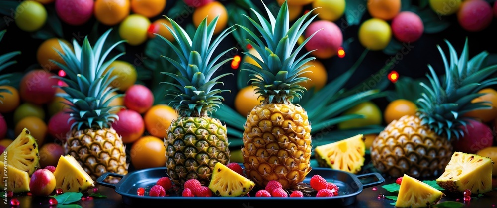 Poster tropical pineapples displayed on a black tray with vibrant fruits creating a colorful and inviting b