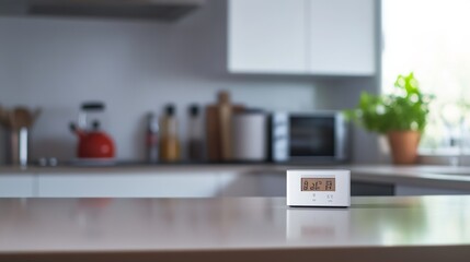 Carbon monoxide testing device on a counter in a modern kitchen. Featuring monitoring and safety