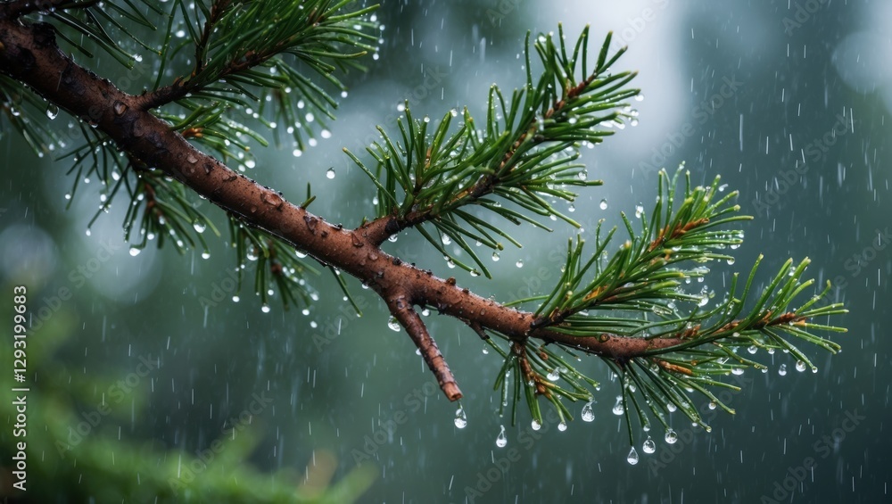 Poster pine branch adorned with raindrops creating a serene nature ambiance in a tranquil forest setting af