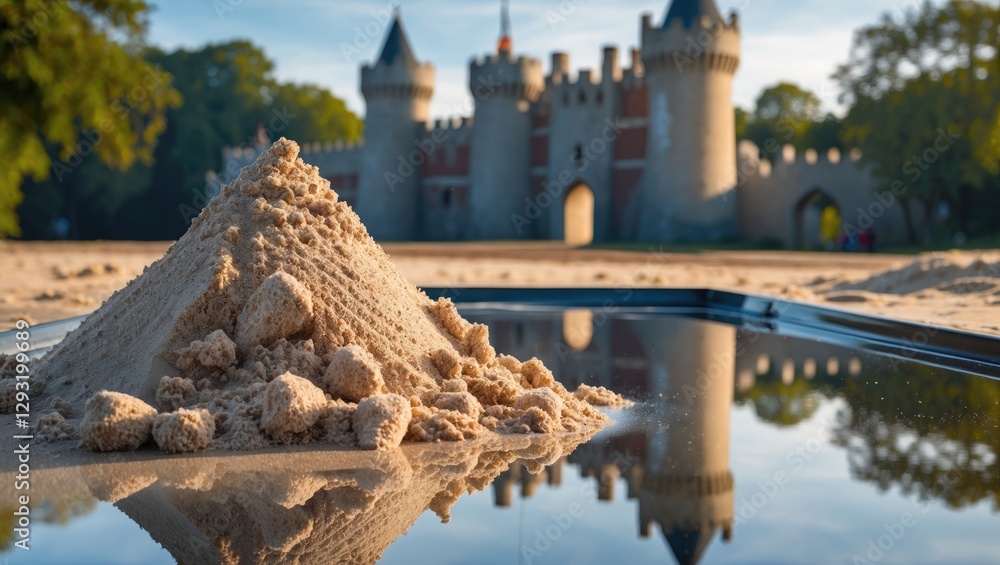 Poster sand pile with reflection displaying majestic castle in background capturing serenity and imaginatio