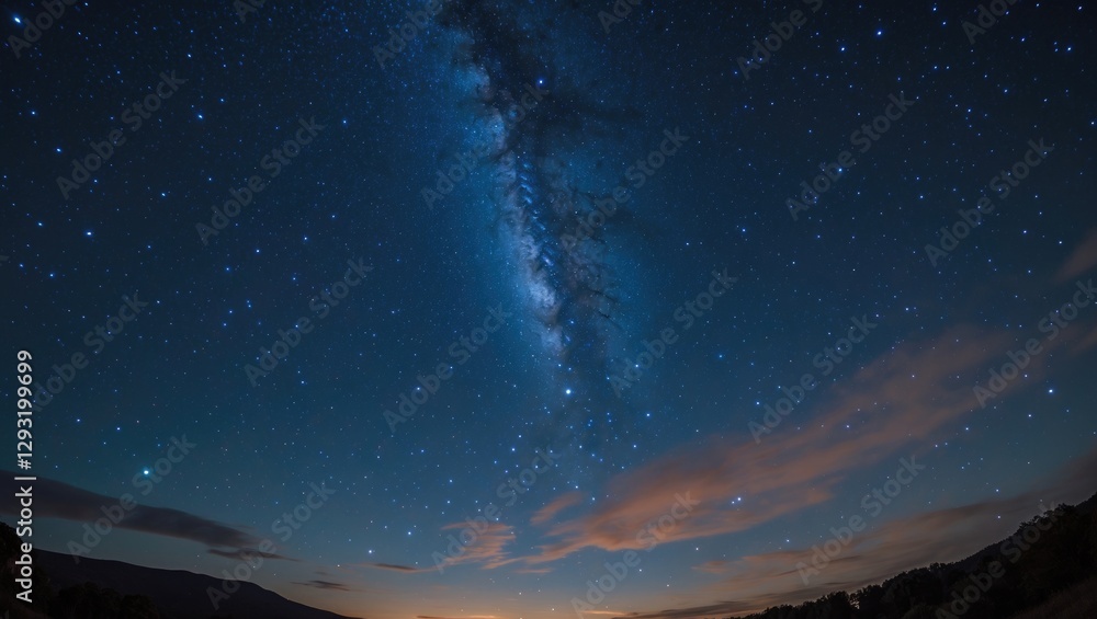 Poster fisheye view of starry night sky with milky way and empty space for text and graphics