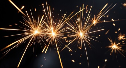 Obraz premium Close-up view of sparklers creating vibrant sparks against a black background ideal for celebrations and festive themes.