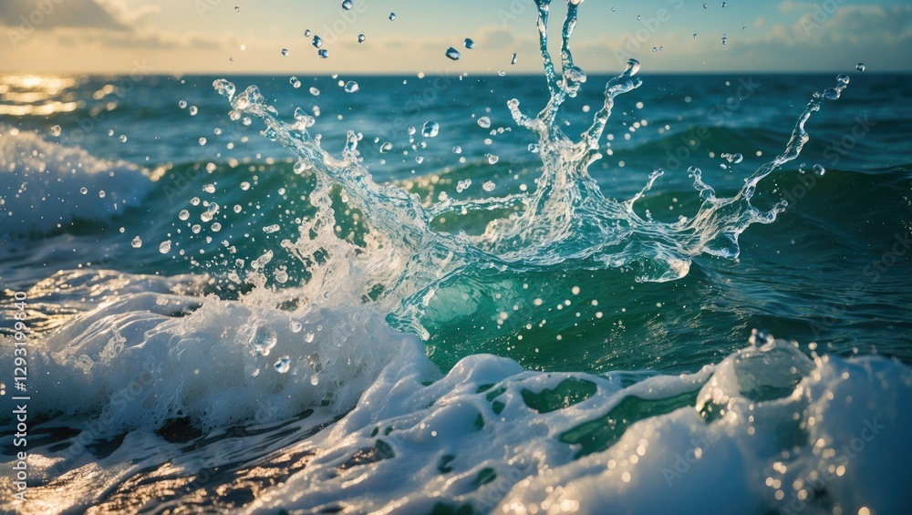 Poster cascading waves creating dynamic splashes of water under the warm sunlight in a serene sea setting.