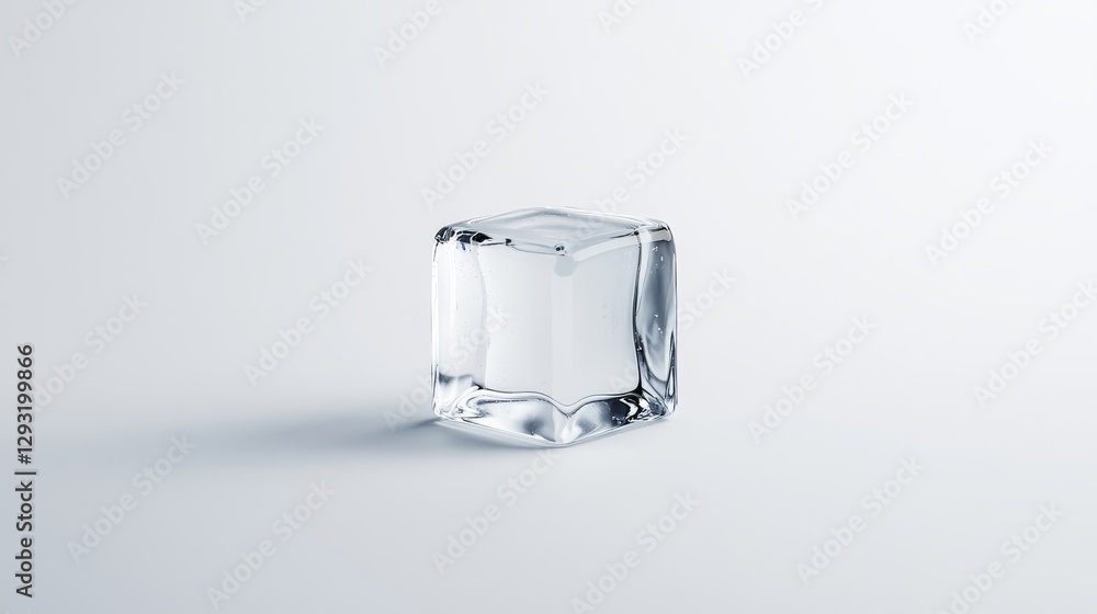 Poster clear ice cube with glossy surface and soft shadow on white background