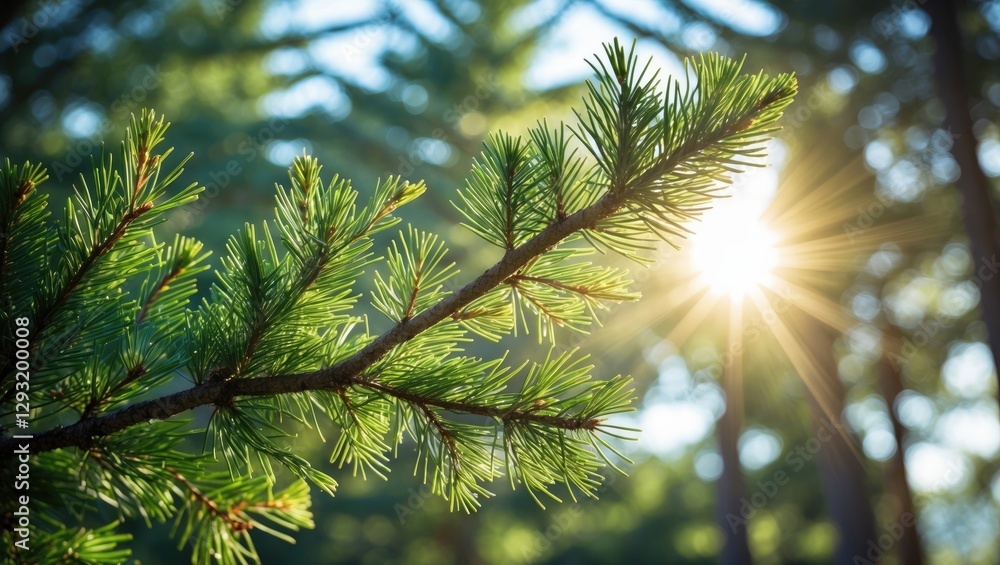 Poster sunlit pine branches illuminated by natural light in a serene forest setting