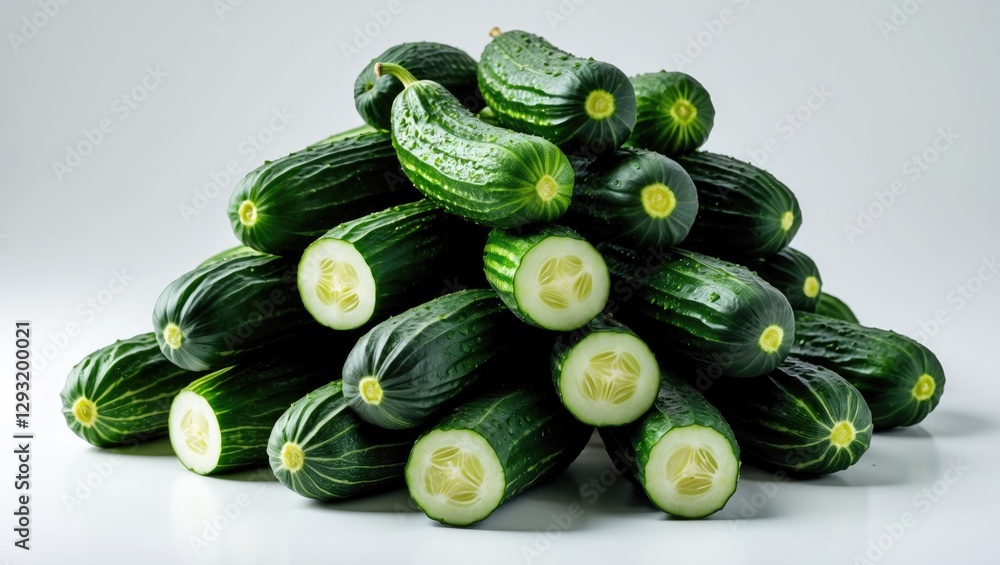Aufkleber fresh cucumbers stacked together with cross-sections displayed, isolated on a clean white background