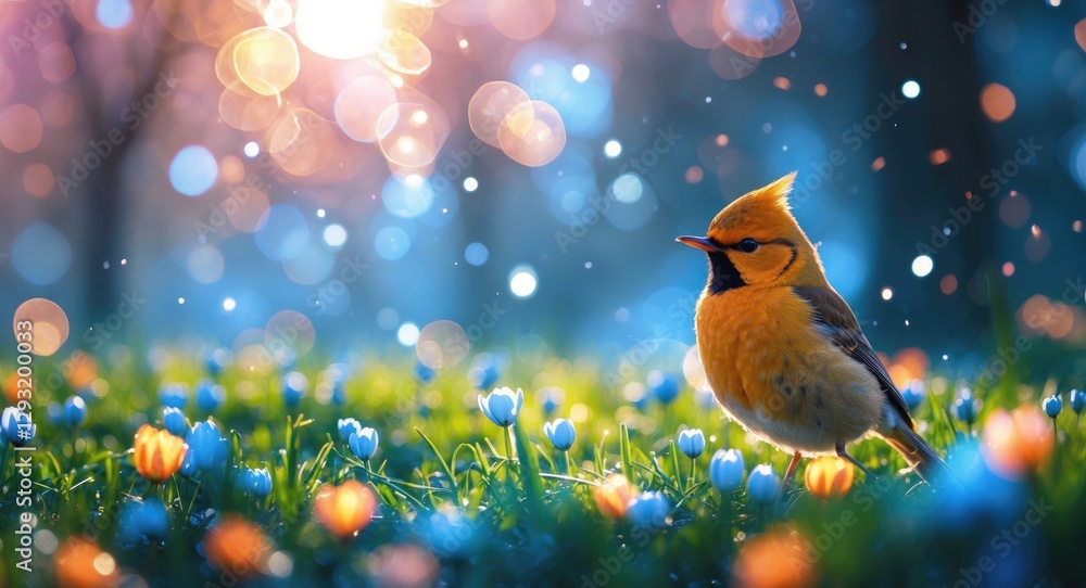 Poster springtime scene featuring a songbird amidst colorful flowers with dreamy bokeh and soft light, perf