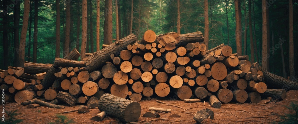Poster pine timber woodpile in a serene forest displaying an abstract pattern of circular wooden logs stack