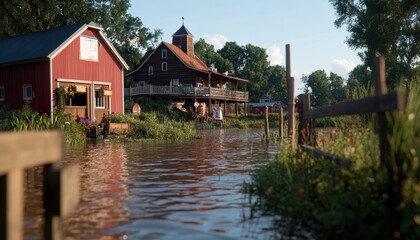 Fototapeta premium Flooded agriculture farmstead rural community photography natural environment ground level impact of climate change