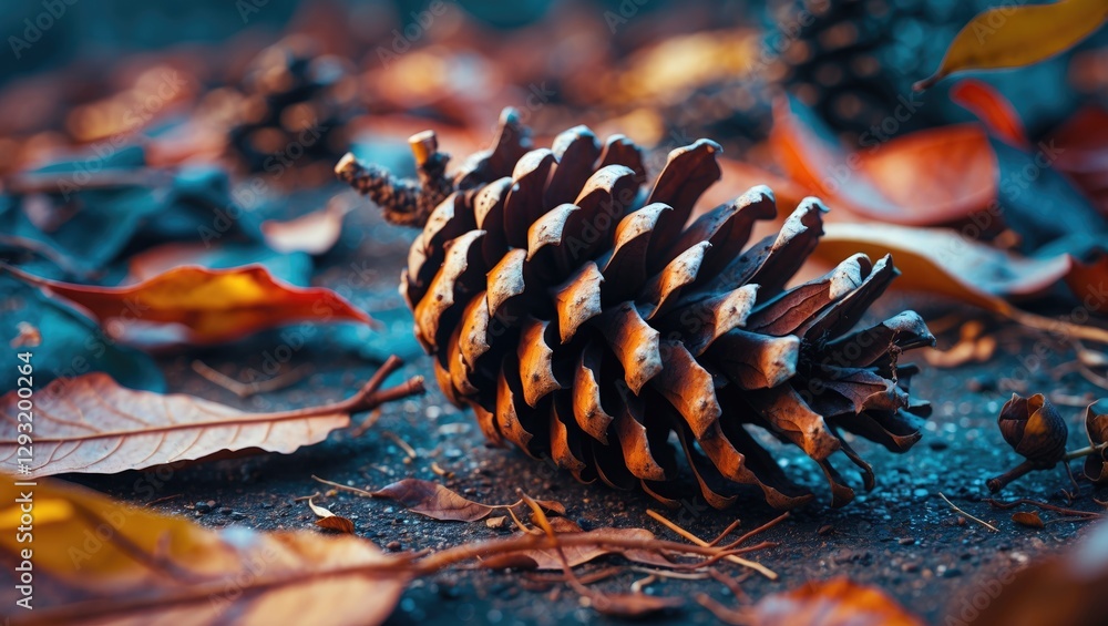 Poster pine cone resting on ground surrounded by colorful dried leaves in a serene natural setting during a