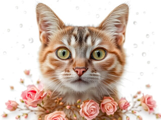 Cute kitten with pink roses and drops of water on white background
