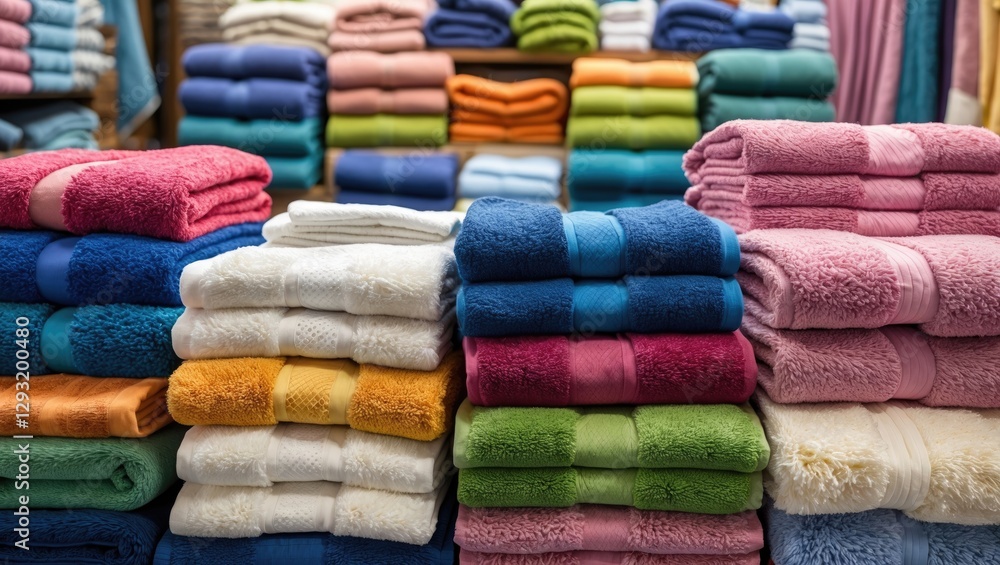 Poster colorful stacks of soft towels and blankets arranged neatly in a retail shop displaying vibrant text