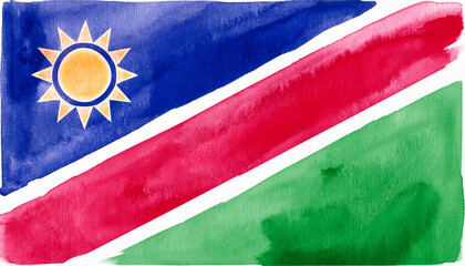 Watercolor painting of Namibia national flag. Independence day. Hand drawn art.