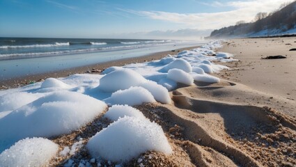Spring beach scene with snow and sand contrasting along the shoreline under a clear blue sky and gentle waves in the background.