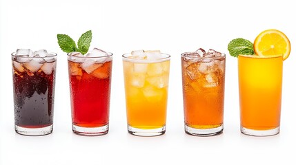 Assortment of Iced Beverages in Glasses on White Background