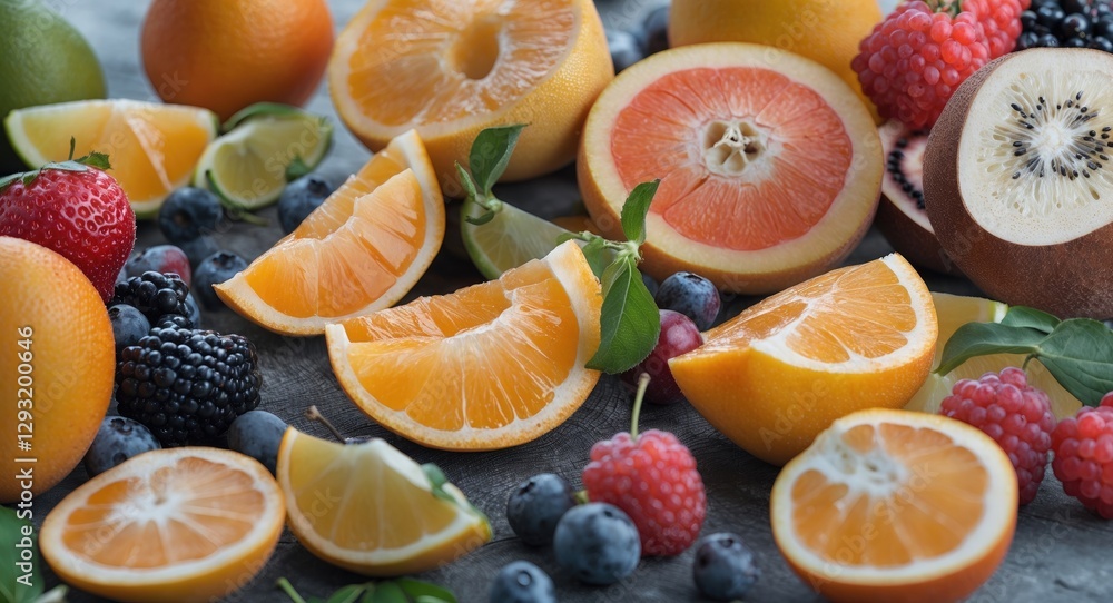 Poster colorful assortment of fresh fruits with empty space for text and copy overlay