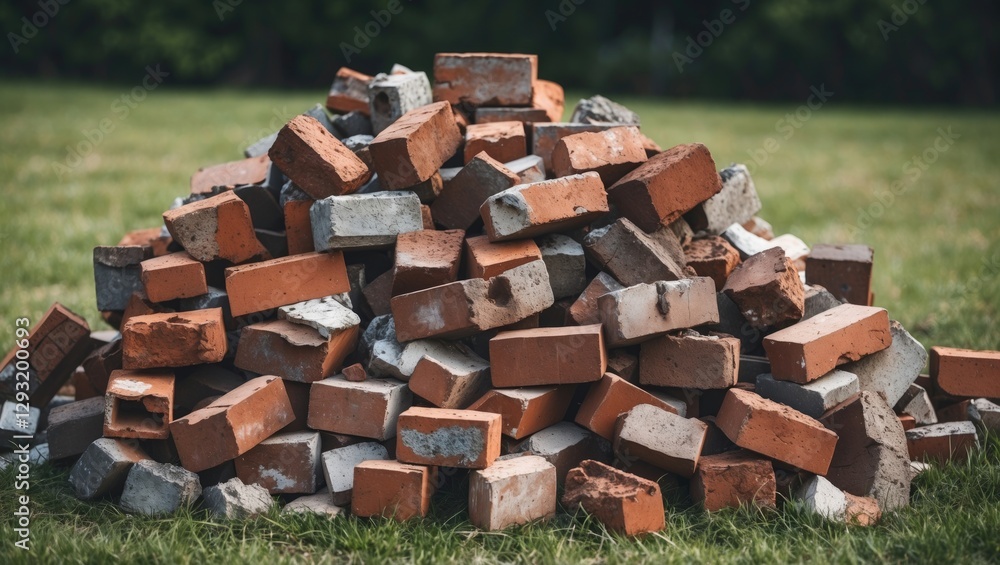 Poster heap of weathered bricks stacked on green grass surface showcasing texture and color variations for 