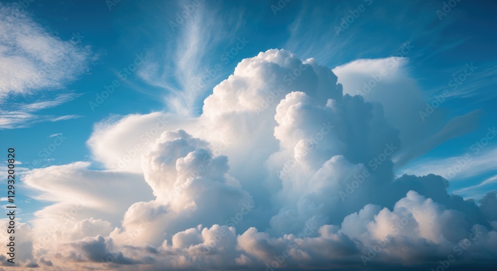 Poster fluffy white clouds floating in a clear blue sky creating a serene and calm atmosphere in nature.