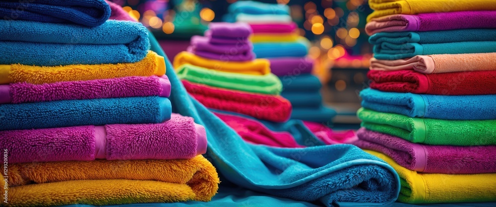 Poster vibrant stacked towels in various colors creating a cheerful backdrop with blurred festive lights en
