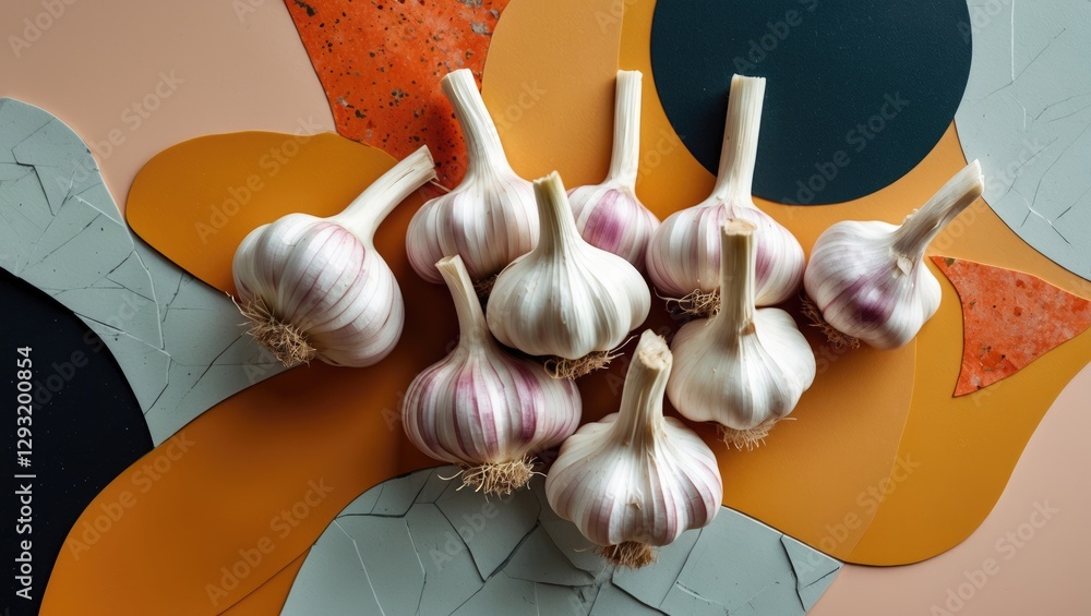Poster garlic cloves arranged on colorful abstract shapes creating a vibrant culinary and artistic composit